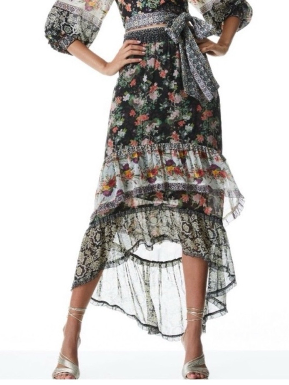 Alice + Olivia Caralie Black Floral Tiered High-Low Skirt Size 2